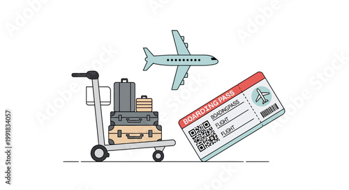 Travel, airport, luggage, airplane, boarding pass, vector icons