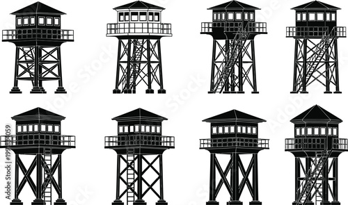 Variations of guard towers with distinct architectural designs and structural elements Vector