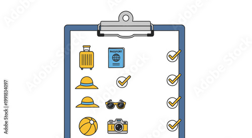Travel icons, checklist clipboard, vacation symbols, tourism graphics, vector illustrations