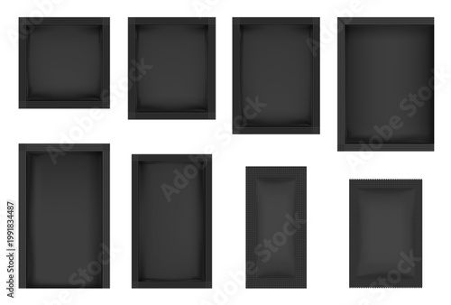 Set of black sachets in various shapes and sizes. Square and rectangular, vertical and horizontal. Cosmetic samples, skincare products, food supplements, tea bags, or single-use items