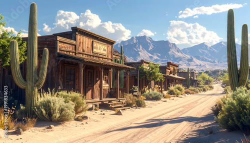 A picturesque view of a weathered, old-west style town nestled amidst a desert landscape with towering cacti and a backdrop of majestic mountains under a bright, cloudy sky.