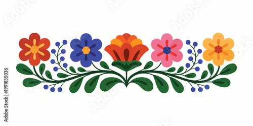 Colorful floral embroidery pattern with symmetrical folk art flowers and leaves on white background.