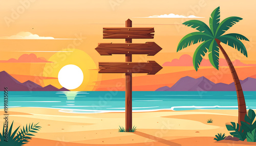 A vibrant illustration depicts a wooden signpost on a tropical beach at sunset, with palm trees, mountains, and a serene ocean reflecting the warm colors of the sky.