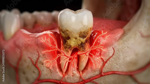 Human tooth with decay and nerve inflammation, suitable for dental education, oral healthcare, medical research, clinical presentation, and dentistry.