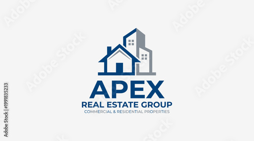Professional real estate logo features a house and building for Apex Group