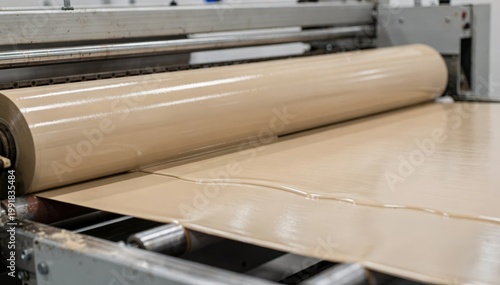 Film press applying a consistent pigment primer with a roll applicator enhancing coating durability and vividness on flat surfaces in an industrial setting.