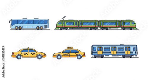 Collection of pixel art transportation vehicles including bus train taxi and tram.