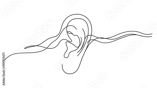 Minimalist continuous line art of human ear with sound waves.