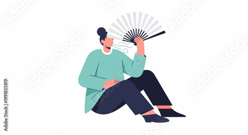 Illustration of a person sitting with a folding fan in hand
