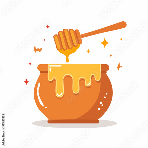 Honey pot with dipper and dripping honey