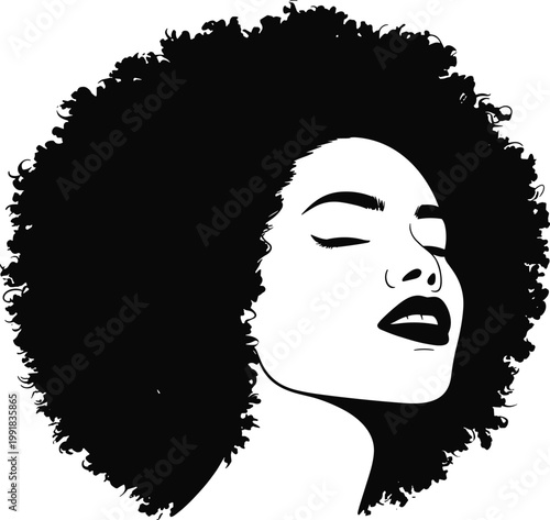 Afro woman portrait silhouette natural hair beauty minimalist black and white illustration