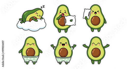 Adorable Kawaii Avocado Sticker Sheet Collection Featuring Cute Cartoon Characters Expressing Various Emotions and Daily Activities, Perfect for Fun Decor and Digital Design Projects