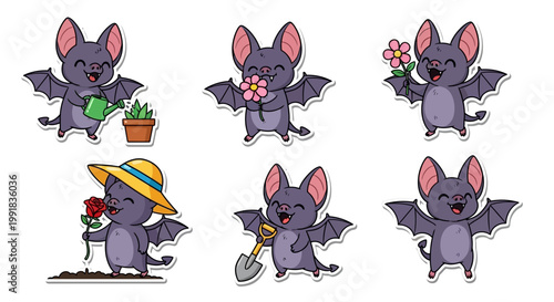 Kawaii bat sticker sheet cartoon bats enjoying gardening. Cute bats watering, smelling flowers, digging, and planting. Whimsical illustration set