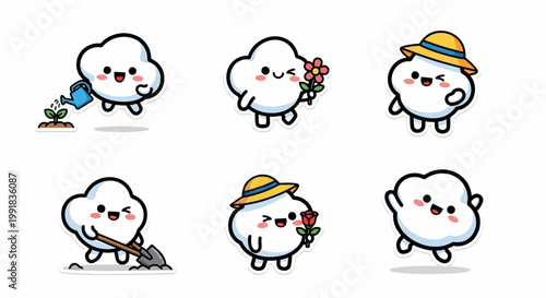 Adorable Kawaii sticker sheet featuring cute cloud characters engaging in gardening activities like planting flowers and watering sprouts, spreading joy and positivity with a charming aesthetic
