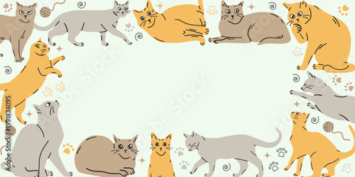 Frame with cats for banners, covers, and templates, executed in natural colors on a white background. Vector illustration.