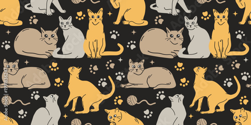 Cats flat seamless pattern. Doodle cat, fluffy pets cartoon isolated. Decorative kittens fabric print, childish racy vector background with animals.