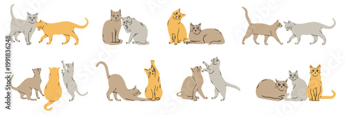 Cute cats doodle vector set. Cartoon cat or kitten characters design collection with cat element and flat color in different poses. Set of funny pet animals isolated on white background. 