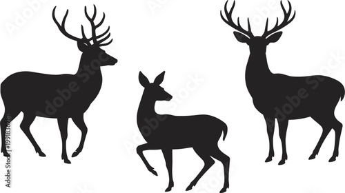 Professional set of black deer silhouettes with stag buck and doe for outdoor nature wildlife concept vector