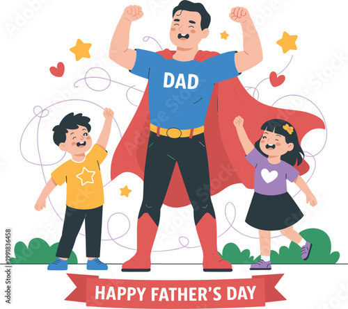Professional colorful illustration of a father in a superhero costume flexes his muscles with his happy young son and daughter for Happy Father's Day holiday greeting card vector