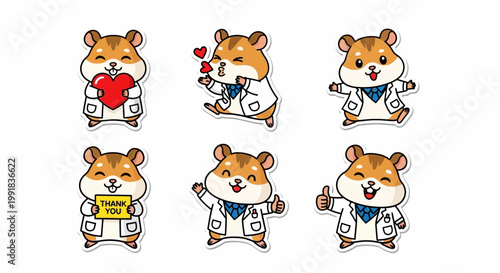 Sweet Kawaii hamster doctor sticker sheet collection, an adorable set of cute medical professional characters expressing gratitude and cheerful gestures
