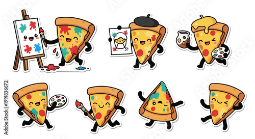 Whimsical Kawaii pizza artist sticker sheet collection, featuring adorable food characters passionately engaging in creative painting and drawing hobbies with joyful expressions