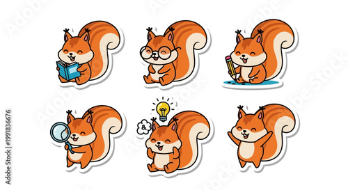 Cute Kawaii squirrel sticker sheet a delightful set of woodland characters engaged in learning, reading, and playful discovery, perfect for inspiring creativity