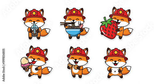 Adorable Kawaii firefighter fox sticker sheet featuring a delightful collection of cute animals enjoying various food and drink treats with charming expressions