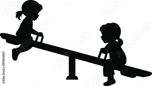 Professional black silhouette of two young girls playing on a seesaw for childhood and playground activity vector