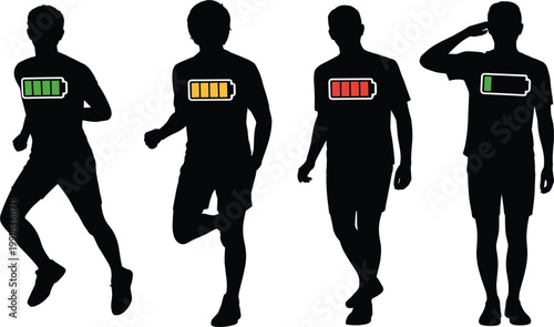 Set of black male runner silhouettes with battery life energy bars for fitness and stamina concept vector