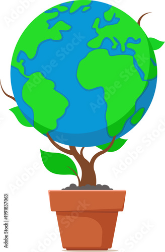 World environment day. Planet Earth growing from a pot close-up on a white background