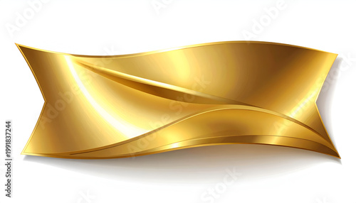 A shimmering, abstract golden ribbon design gracefully curves and flows against a clean white background, creating a luxurious and modern visual element.