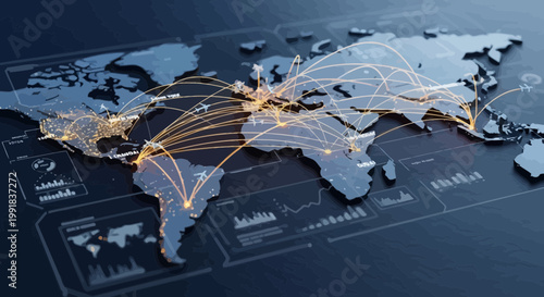 Global Connections, World Map, Network Lines, International Routes, Travel Illustration