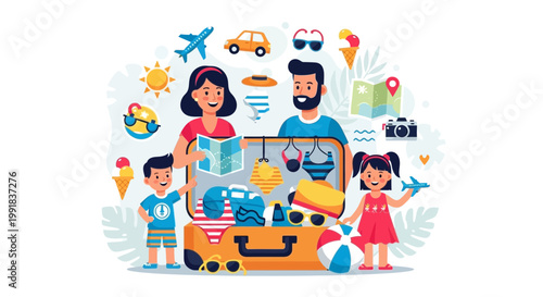 Family Vacation, Summer Travel, Cartoon Illustration, Iconic Symbols