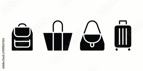 Set of travel bags and backpacks, luggage, handbags, women bag in glyph style.