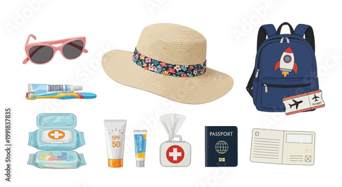 Travel essentials, vacation accessories, summer getaway items, beach trip must-haves