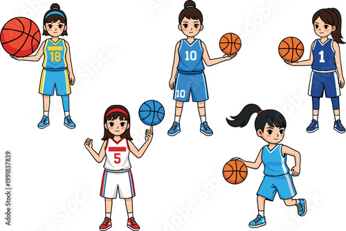 Basketball Girl Characters in Various Poses with Basketballs, Sports Illustration for Kids and Youth