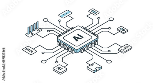 AI Processor Chip with Connected Components Isometric Line Art.