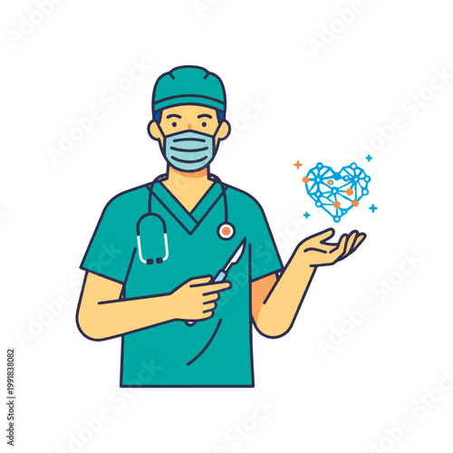 Surgeon character holding a scalpel and presenting a geometric heart. Flat vector illustration of a modern doctor in scrubs and a mask symbolizing advanced cardiac surgery and medical technology.