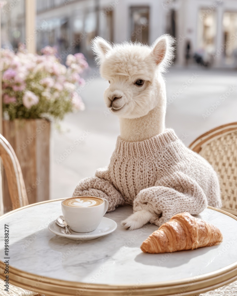Fototapeta premium White alpaca in knitted sweater sitting at outdoor cafe table with latte art and croissant