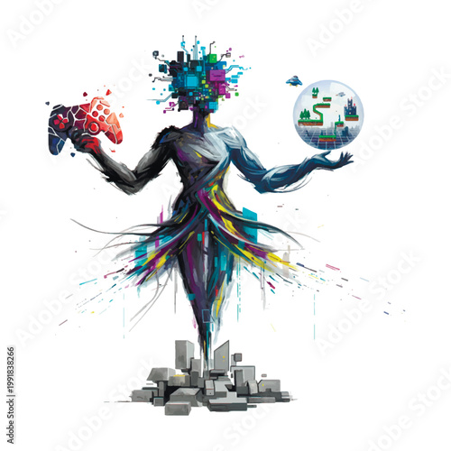 Abstract artistic illustration of a digital entity holding a gamepad and a virtual world sphere. Creative watercolor splatter style representing gaming, artificial intelligence, and the metaverse.