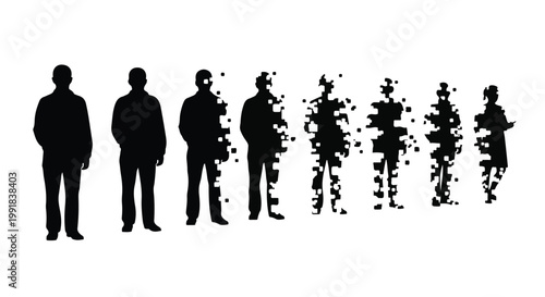 Silhouettes of business people dissolving into particles