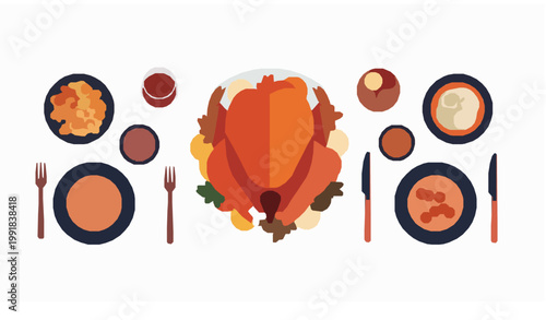 Thanksgiving turkey dinner top view vector traditional holiday meal food illustration