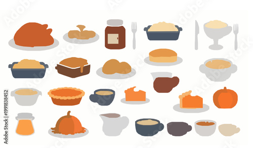 Thanksgiving turkey dinner flat vector top view festive meal arrangement illustration