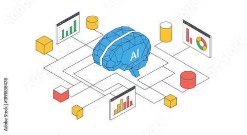 Isometric AI Brain with Data Analysis and Network Connections.