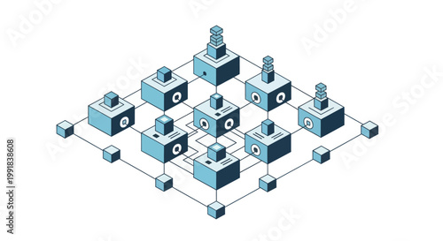 Isometric Blockchain Network with Connected Nodes and Data Blocks.