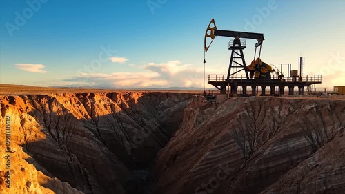 Oil pump jack on a cliffside at sunset, drilling rig in a desert landscape