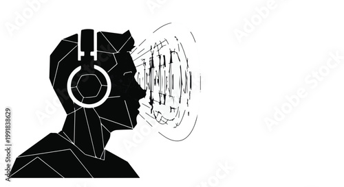 man wearing headphones with sound waves coming out