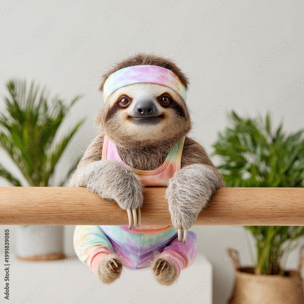 Fototapeta premium Smiling three toed sloth in pastel tie dye workout outfit leaning on wooden barre indoors