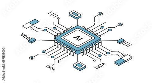 AI Chip Isometric Illustration with Data and Connections.