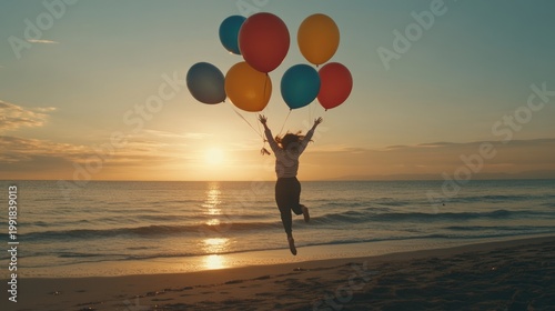Joyful leap, colorful balloons, beach sunset, freedom